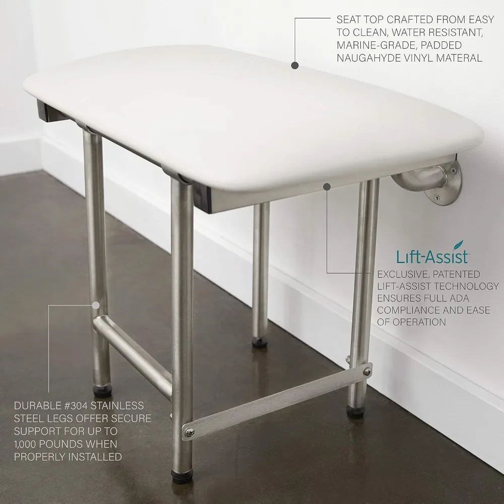 Lift-Assist Shower Bench, ADA, Padded White Naugahyde