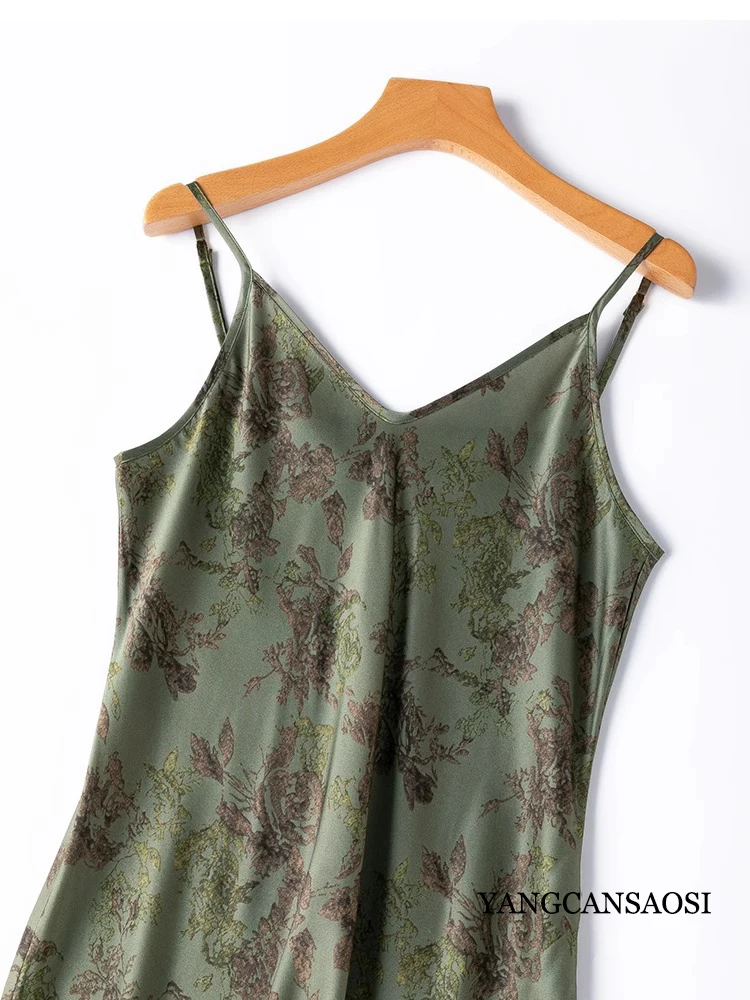 Extended Retro Moss Green Slant Cut 21MM 100% Natural Mulberry Silk Plain Satin Women's Fashionable Casual Suspender Dress