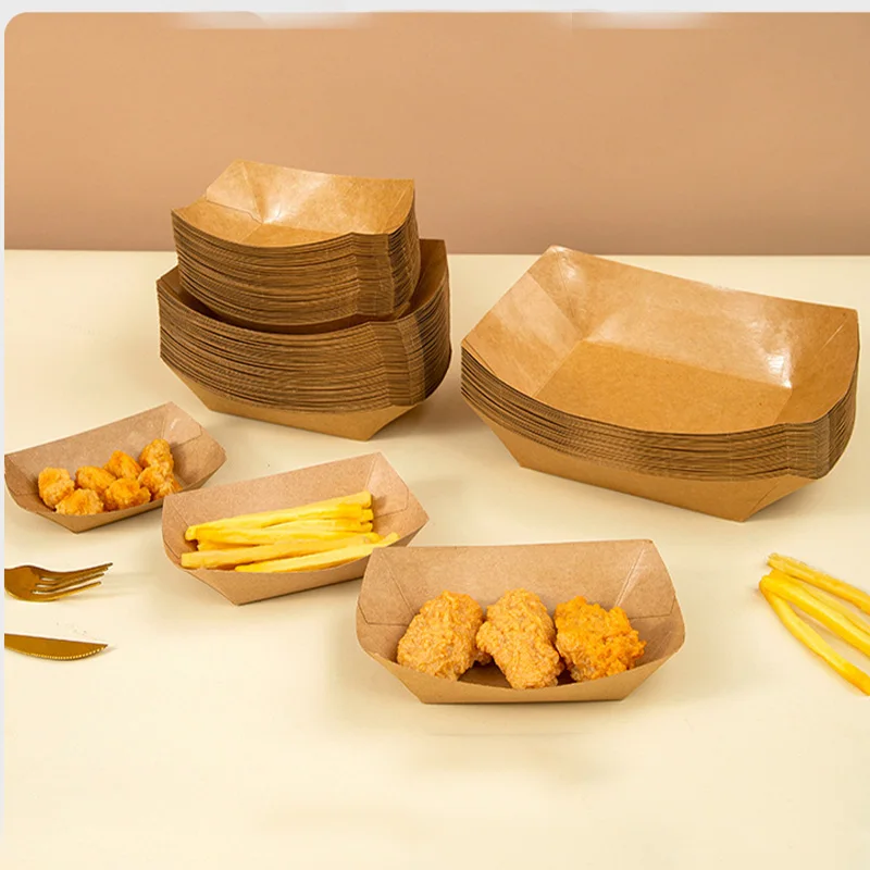 5/10Pcs Brown Kraft Paper Food Trays Disposable Snack Boat Serving Tray for Wedding Party BBQ French Fries Nachos Hot Dog Box