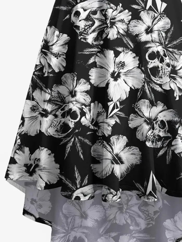 Tropical Flower Skulls Print High Low Cami Dress Women Summer Black Casual Sleeveless Vestidos Party Midi Dress Adjustable Strap