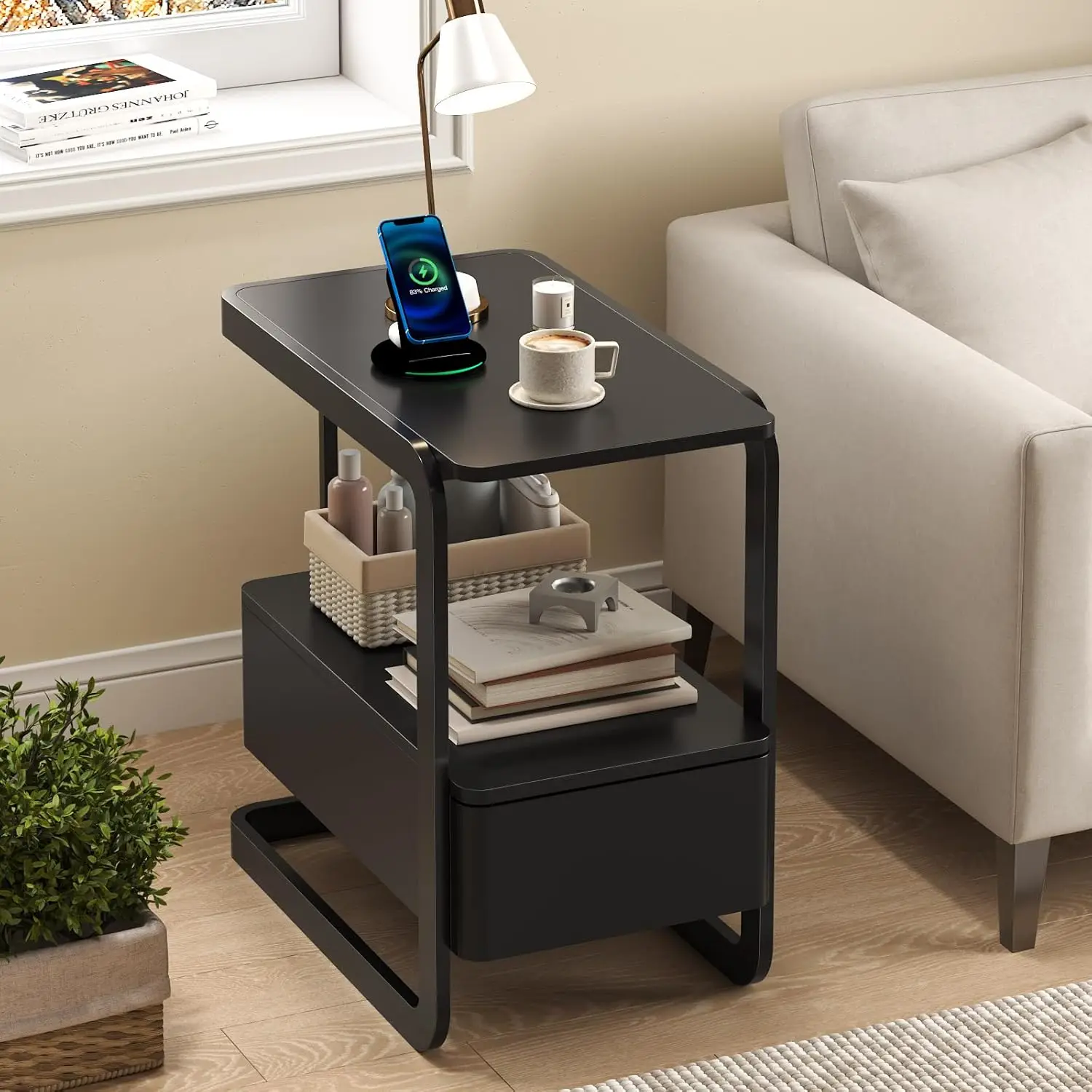 

23.6" Narrow Side Table Drawer Shelf Modern Nightstand Steel Frame Bedroom Dorm Black, Customized