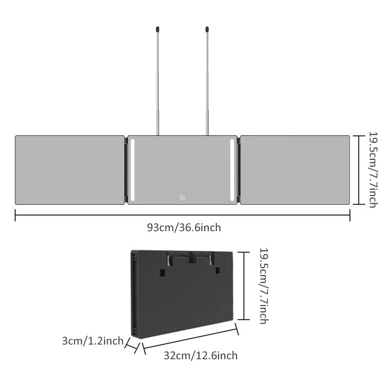 Missmeeca Haarschneidespiegel, 3-Wege-Spiegel, zusammenklappbarer Spiegel, selbstschneidendes System, 3-Wege-Spiegel mit LED-Leuchten zum Schneiden von Haaren