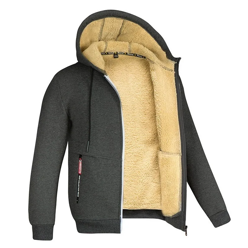 Men's Hooded Plush Thick Lamb Wool NC Cardigan Sweatshirt In Autumn And Winter, Oversized Trendy Jacket