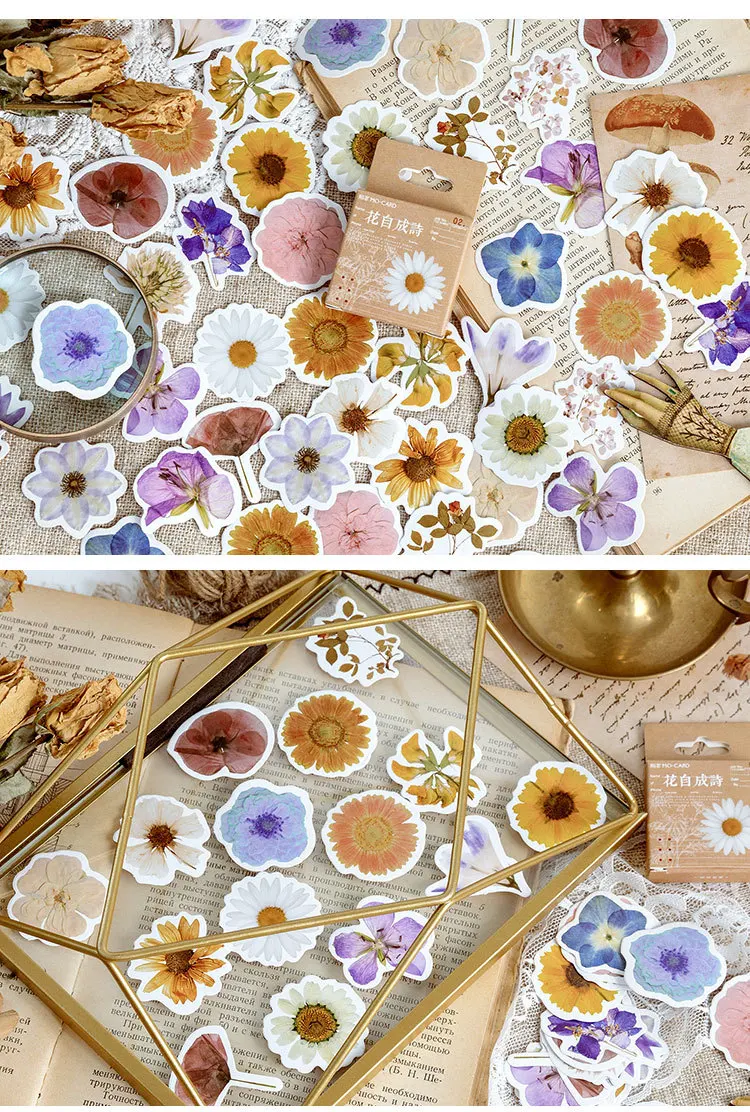 45 Pcs Fresh Flowers Sticker Set Cute Scrapbook Decoration for Kid DIY Arts Crafts Journaling Album Junk Journal