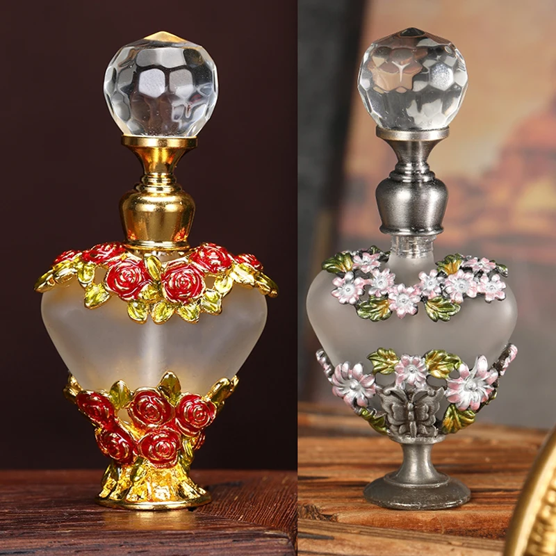 1pc Vintage Glass Perfume Bottle 5ml Flower Decor Rose Floral Painted Heart Shape Container Diamond Cap Crystal Refillable Gift