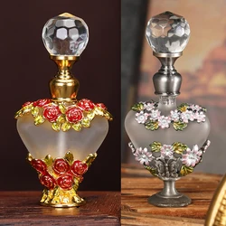 1pc Vintage Glass Perfume Bottle 5ml Flower Decor Rose Floral Painted Heart Shape Container Diamond Cap Crystal Refillable Gift