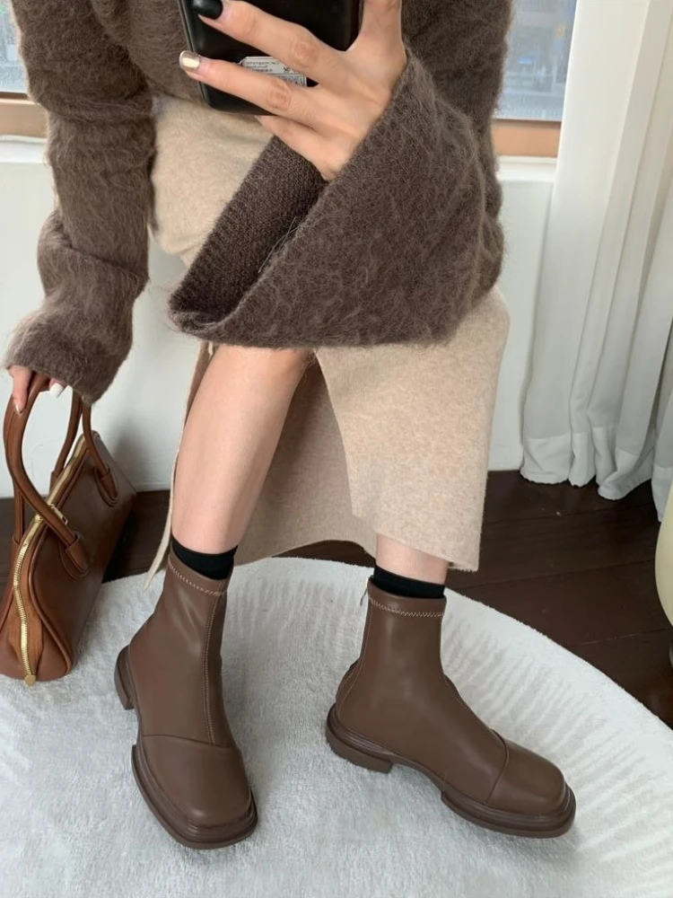 British Style Stretch Ankle Boots Women Winter Warm Fur Lined Chelsea Booties Slim Fitting Short Boots Female Trendy 2026