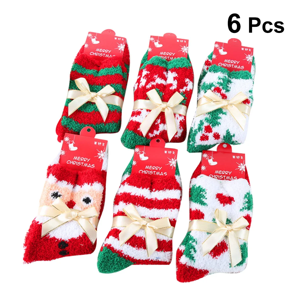 

6 Pcs Coral Socks Women Christmas Fleece Thickened Stockings Soft Elastic Cartoon Design Comfortable Indoor Outdoor