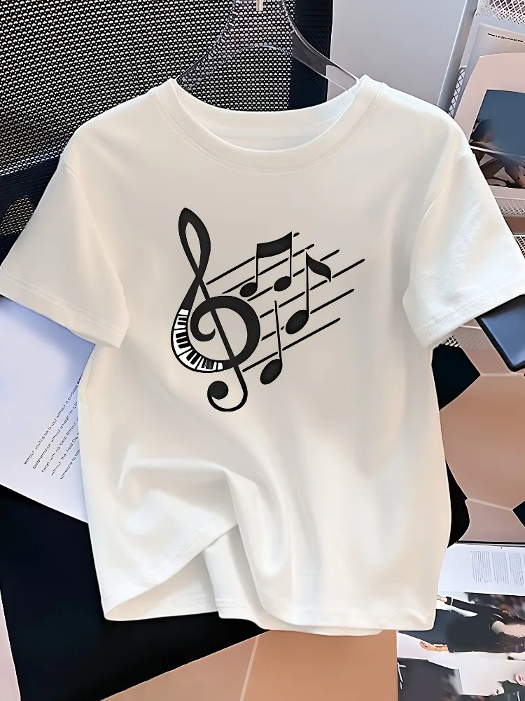 Women's Casual Music Note Print T-Shirt Crew Neck Short Sleeve Music Symbol Pattern Summer Versatile Design Clothing