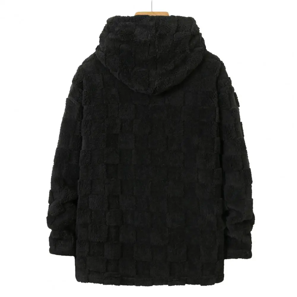 Fuzzy Men Coat Men Polyester Coat Men's Plush Hooded Jacket Fuzzy Checkered Zip-up Hoodie Warm Winter Coat for Casual Streetwear