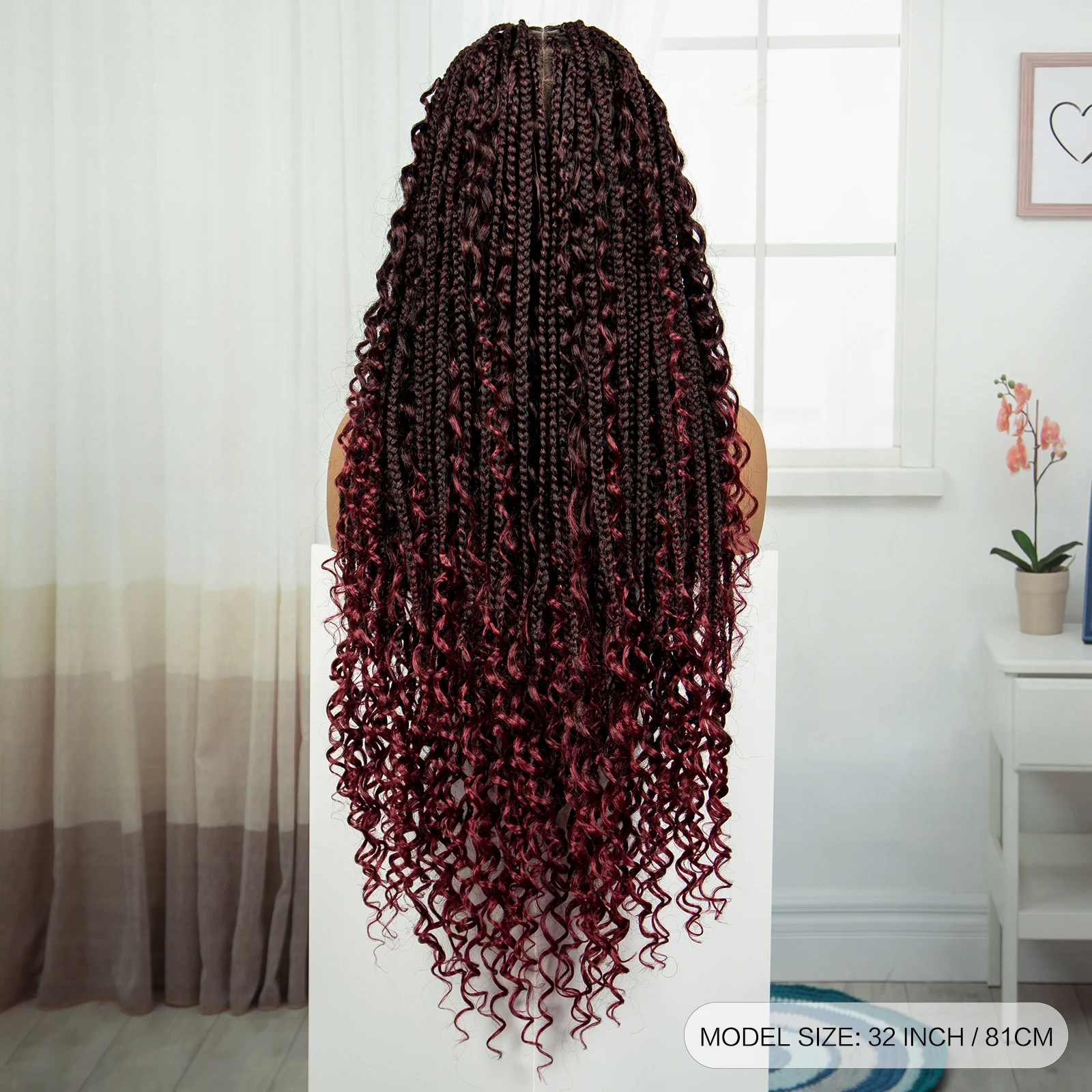 Wig kepang renda penuh dengan ujung ikal Wig kepang kotak tanpa simpul Burgundy sintetis dengan rambut palsu bayi untuk wanita Wig kepang buatan tangan