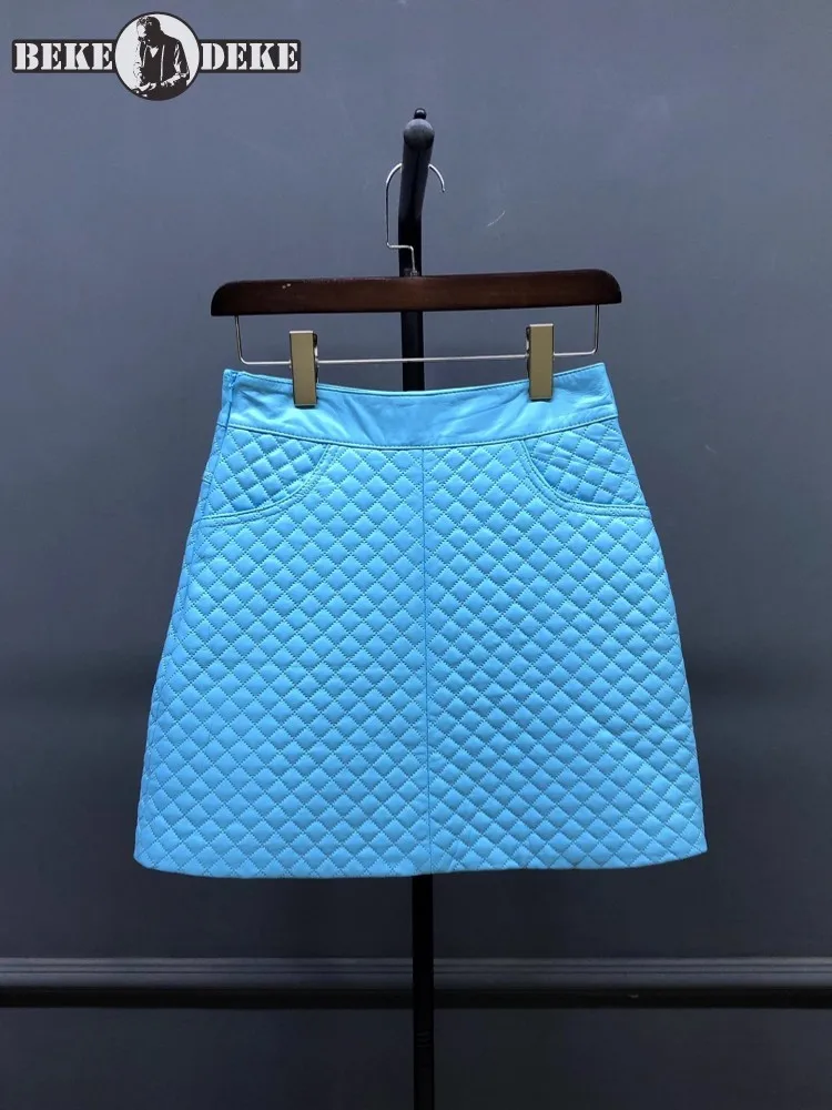 

Autumn Winter New Female Genuine Leather Wrap Skirts Slim Fit High Waist Office Lady A Line Sheepskin Knee Length Slight Strech