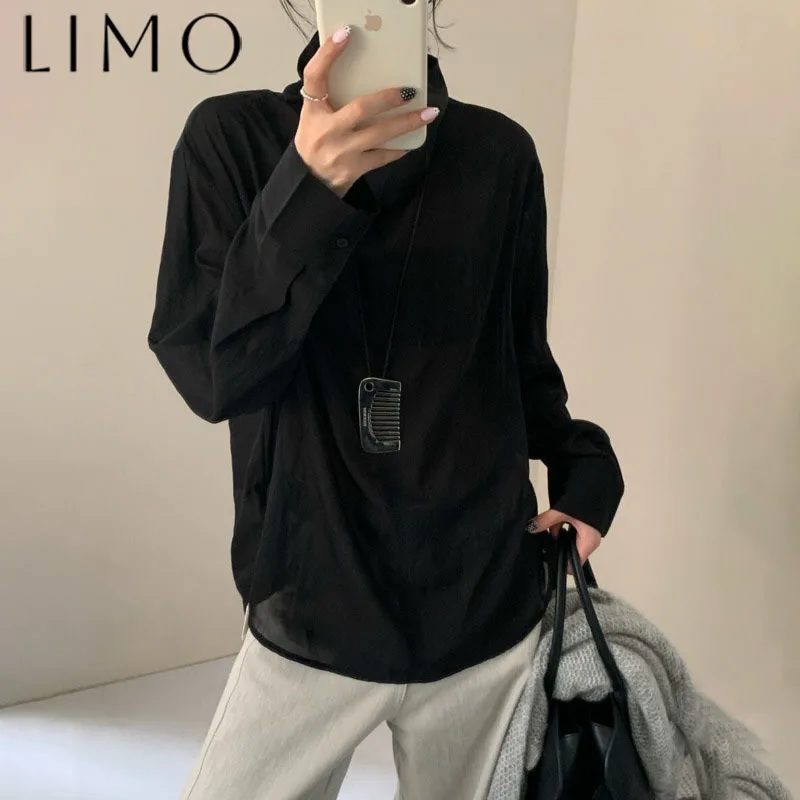 

LIMO Trendy 2025 Loose Fit Long Sleeve Shirt High Neck Blouse Black Spring Summer Casual Fashion Streetwear Designer Style