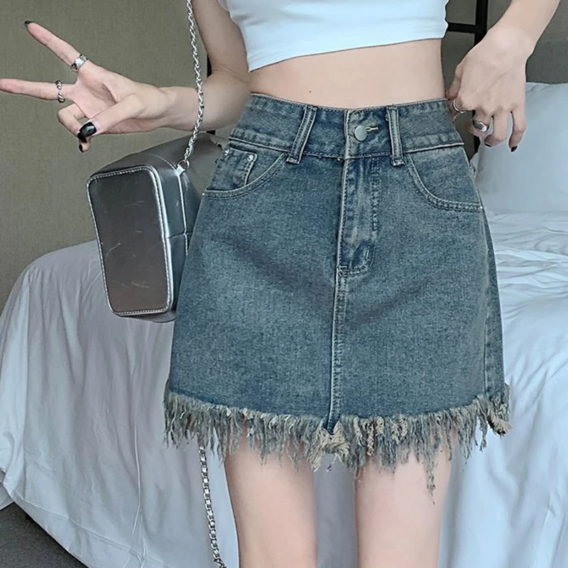 

Korean Denim Short Skirt Women Vintage Blue Tassel Hip-Hugging Streetwear Mini Skirt Harajuku Fashion Casual Chic Female Dress