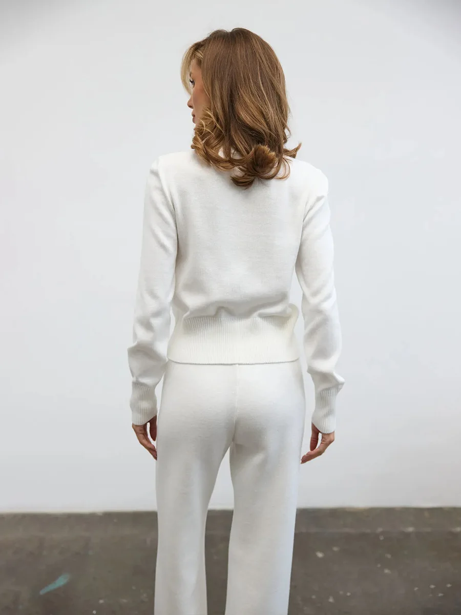 2026 Herbst Winter Neuer Rundhals-Strickanzug, Strickjacke, Hochgeschnittene Hose mit Kordelzug und Weitem Bein, Lässiges Zweiteiler-Set – Detail 7