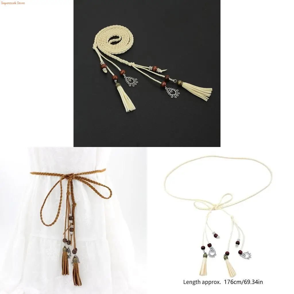 Q5WE Beaded Waist Belt for Women Bohemian Seaside Braided Dress Belt with Fringe