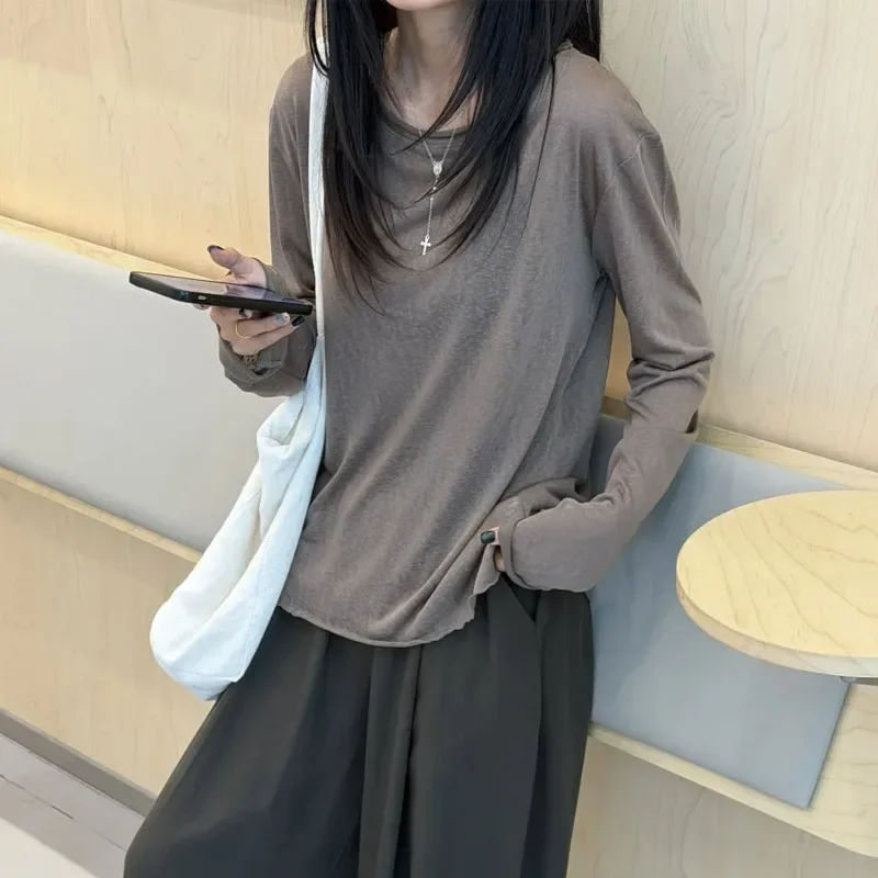 Spring Autumn 2026 Top T-shirt Thin Cool Breathable Tencel Hoodie Snowflake Texture Micro Transparent Long Sleeve