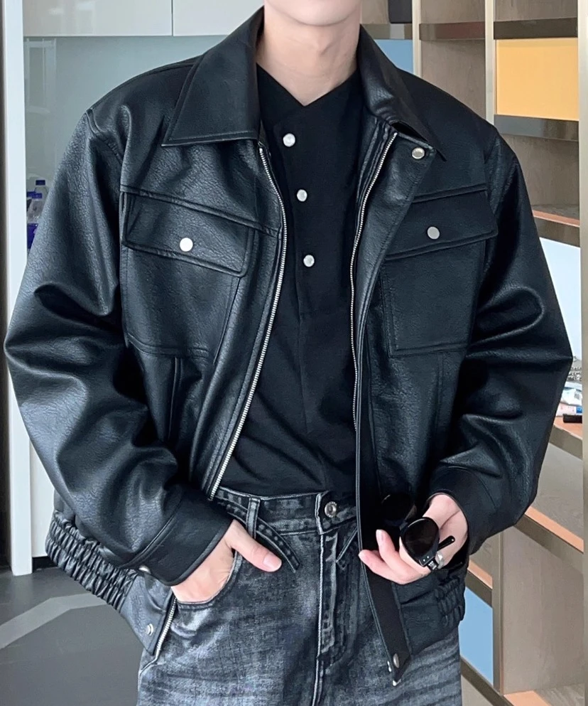 2025 Men's Autumn New Stylish Faux Leather Jackets High-end Padded Shoulder Motorcycle PU Leather Jackets Male Handsome Coats