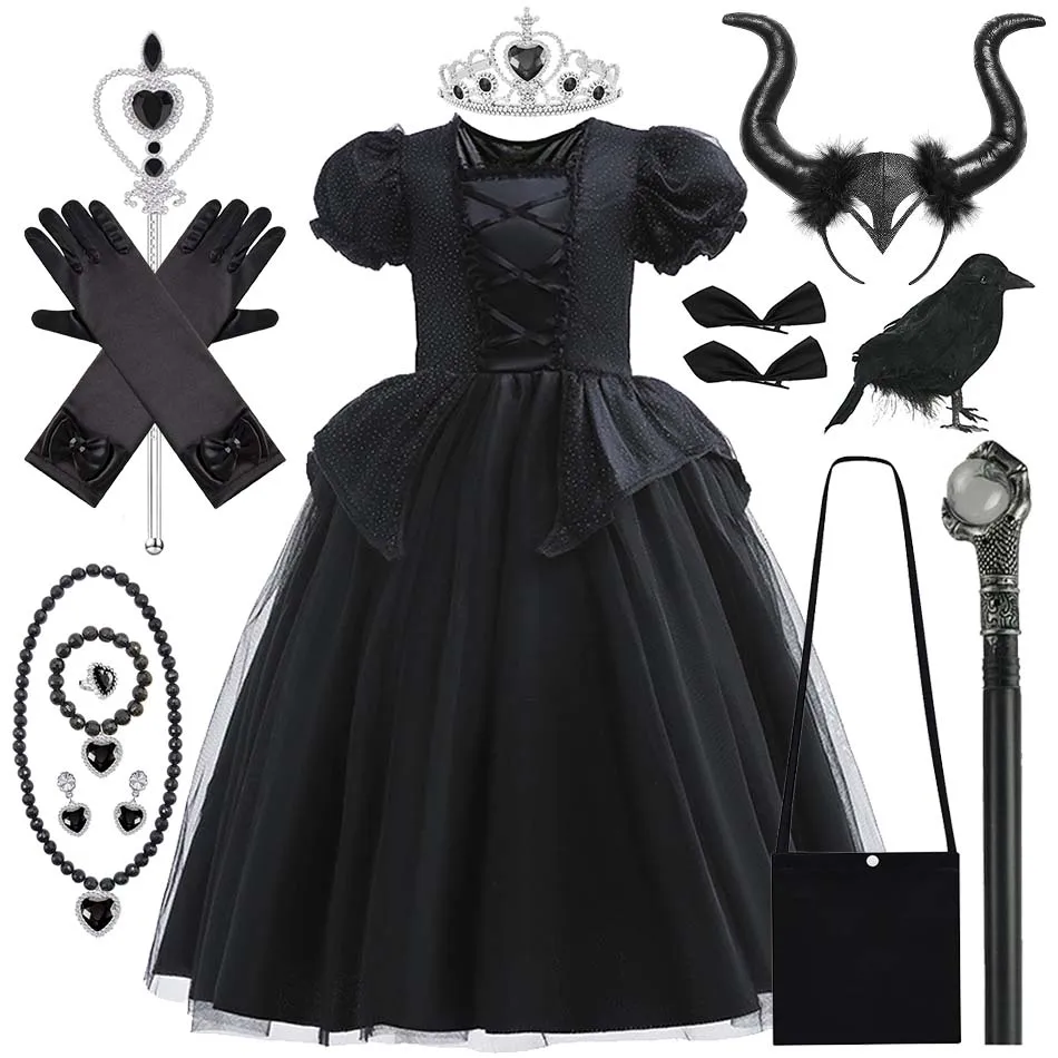 Girl Cosplay Princess Dress Children Halloween Black Witch Costume Evil Queen Role Playing Clothing Carnival Theme Party Outfits