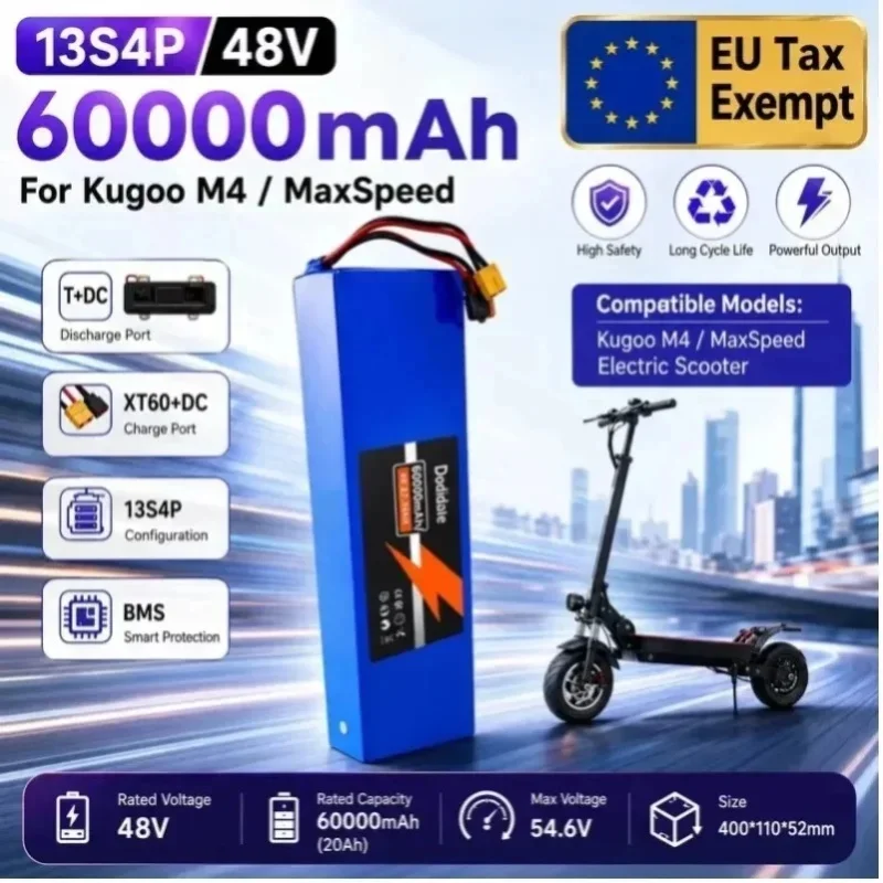 Hochwertiger 48V 13S4P 60Ah Lithium-Akku mit großer Kapazität, integriertem BMS und 500W-1500W Motor, geeignet für Kugoo Elektro-Intelligent-APP-Roller-Akku