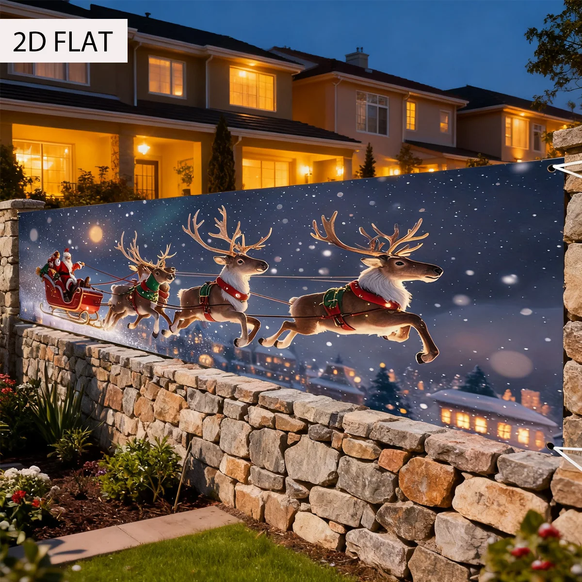 

1pc Festive Christmas and New Year's hanging Flag - Polyester Frabic, Santa's Sleigh with Reindeer & Snowflake Design