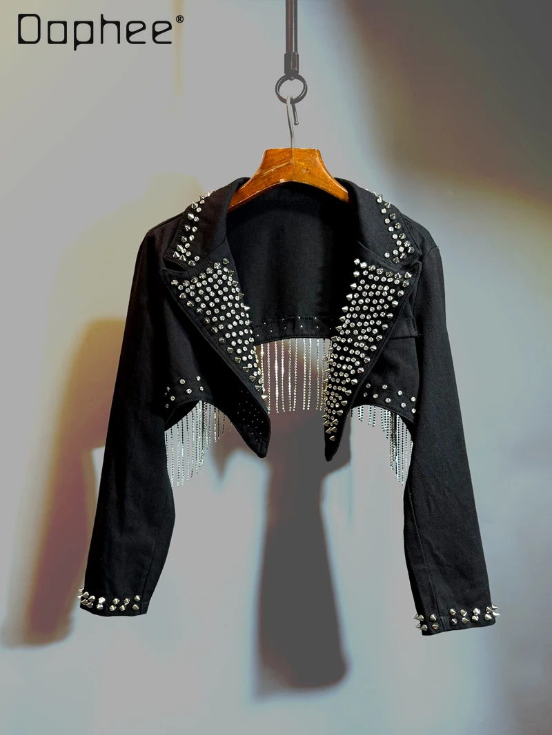 

Spring and Summer New Street Tassel Rivet Short Denim Jacket Women Spice Girl Y2K Slim Polo Collar Long-sleeved Jean Jacket