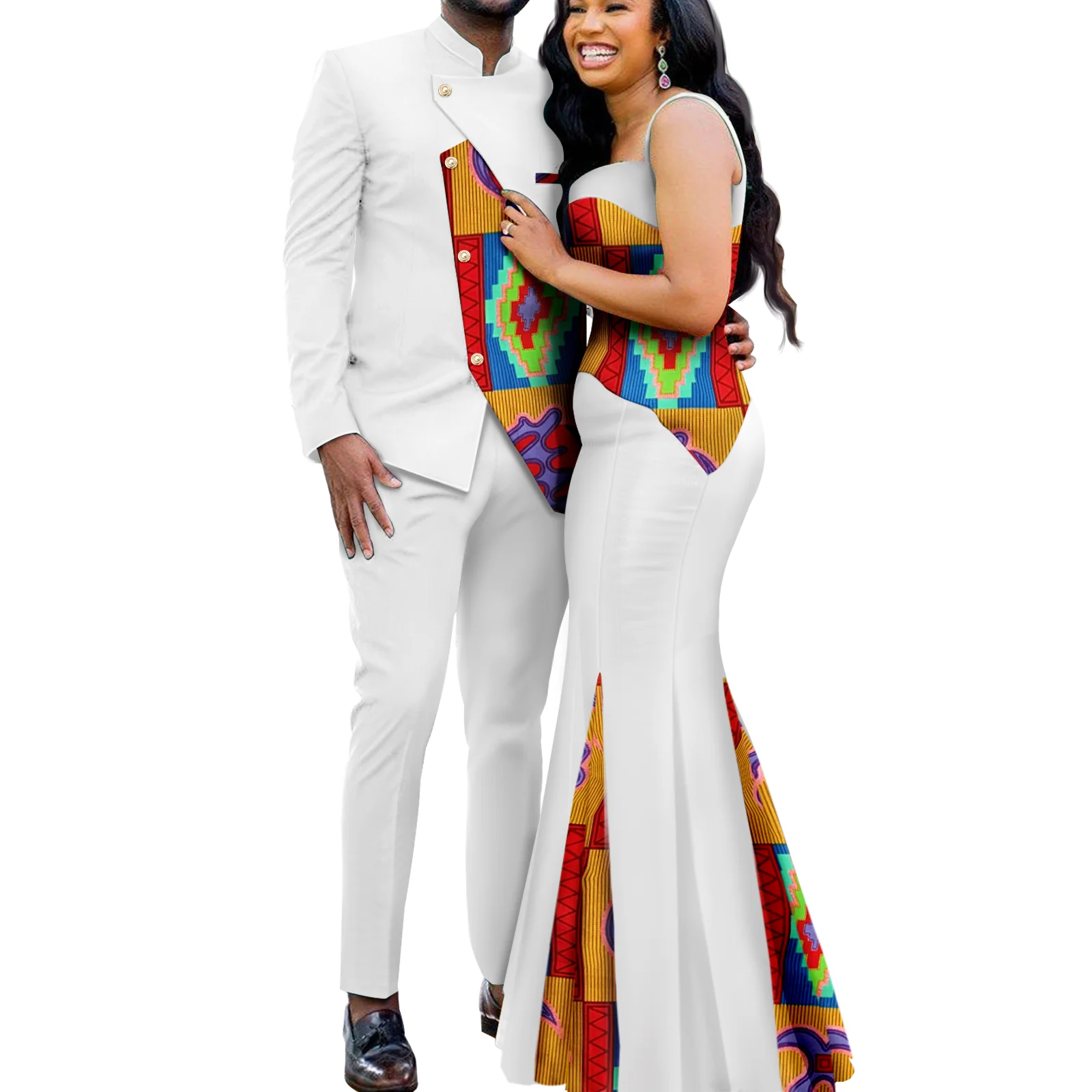 African Couples Women Print Wax Cotton Fashion Patchwork Hot Dress& Men 2 Pieces Shirt and Pants Sets