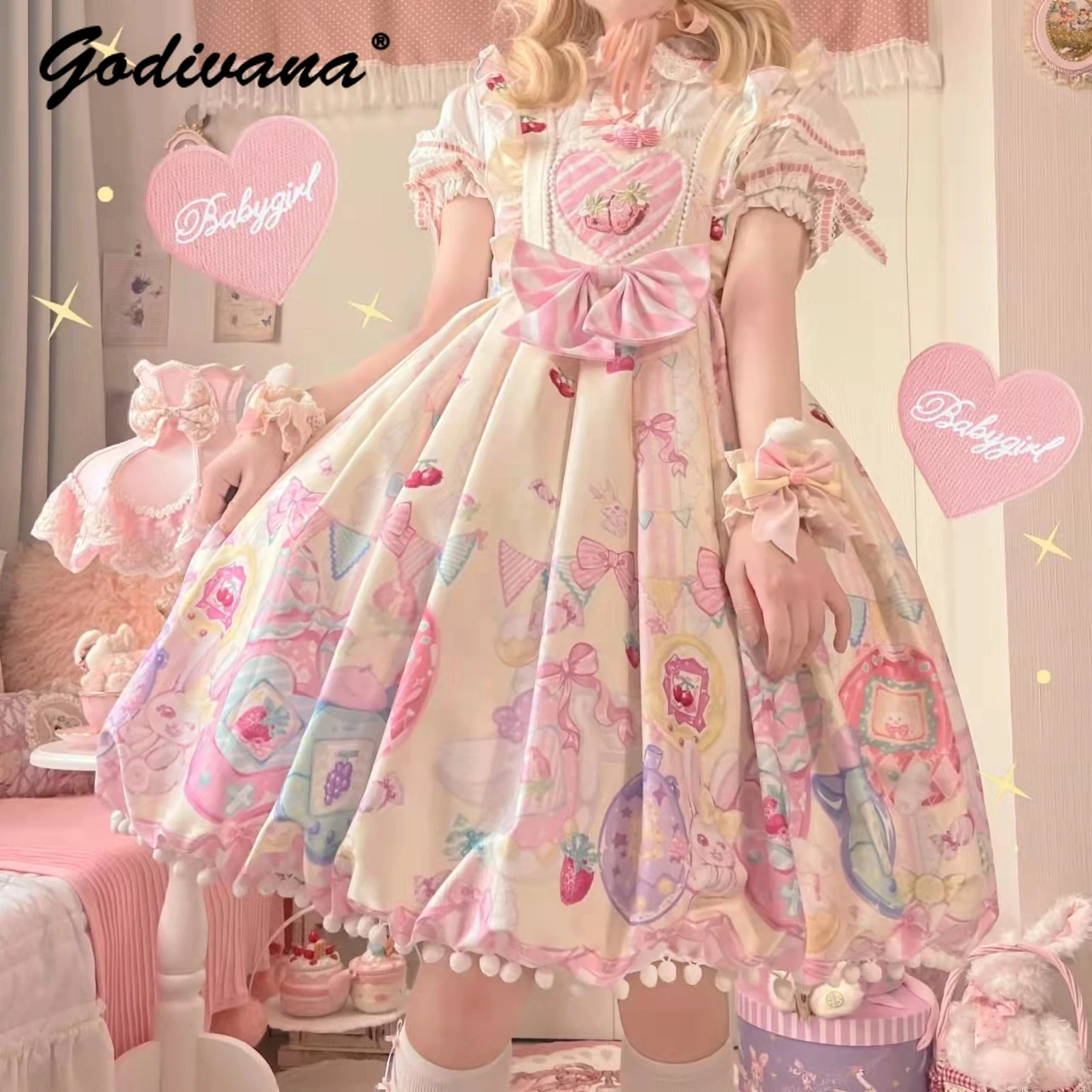 

Original Girl's Kawaii Bow Lolita Printed Suspender Dress New Summer Women's Jsk Birthday Dresses