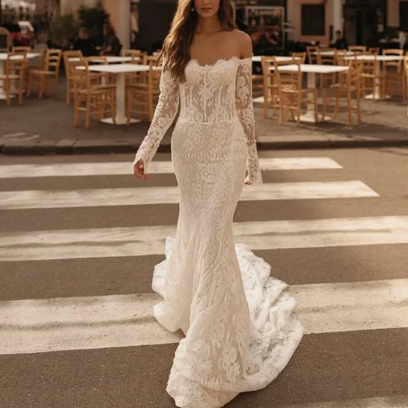 Customized Shiny Ivory White Spaghetti Straps Long Sleeves Wedding Dresses Lace Applique Fish Tail Bridal Gowns Vestidos De Novi