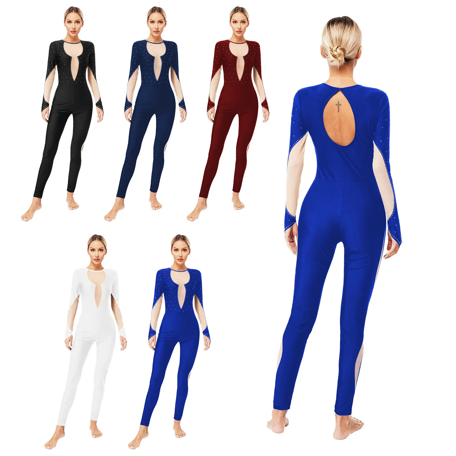 Women Figure Skating Leotard Ballet Dance Gymnastics Acrobatics Yoga Performance Jumpsuit Long Sleeve Rhinestone Mesh Bodysuit