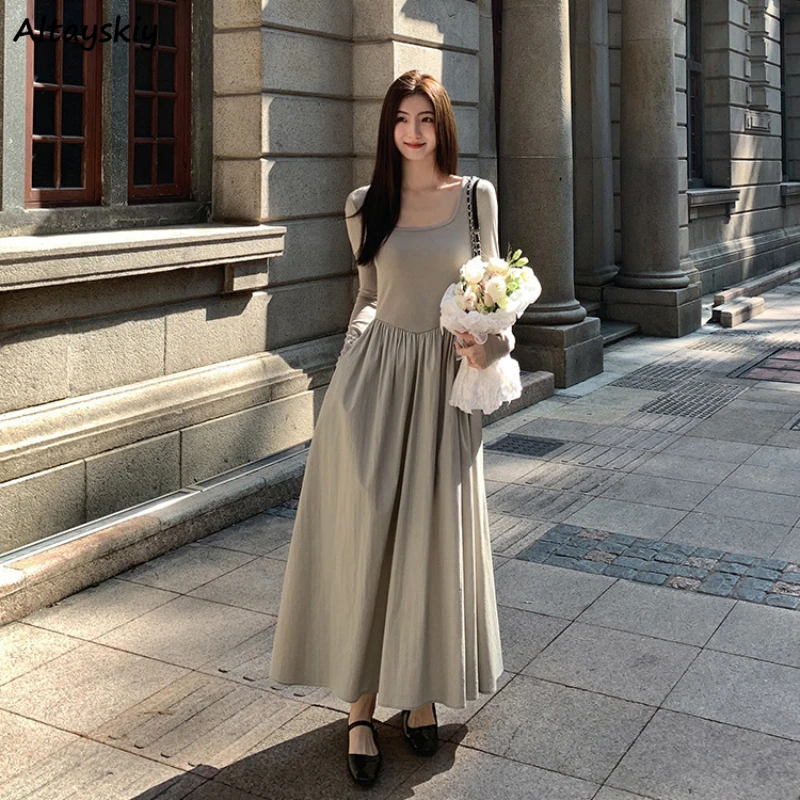 

Lady Vestidos Long Dresses Women Autumn Basic Elegant Pure Defined Gentle A-line Square Collar Vintage Long-sleeve French Style