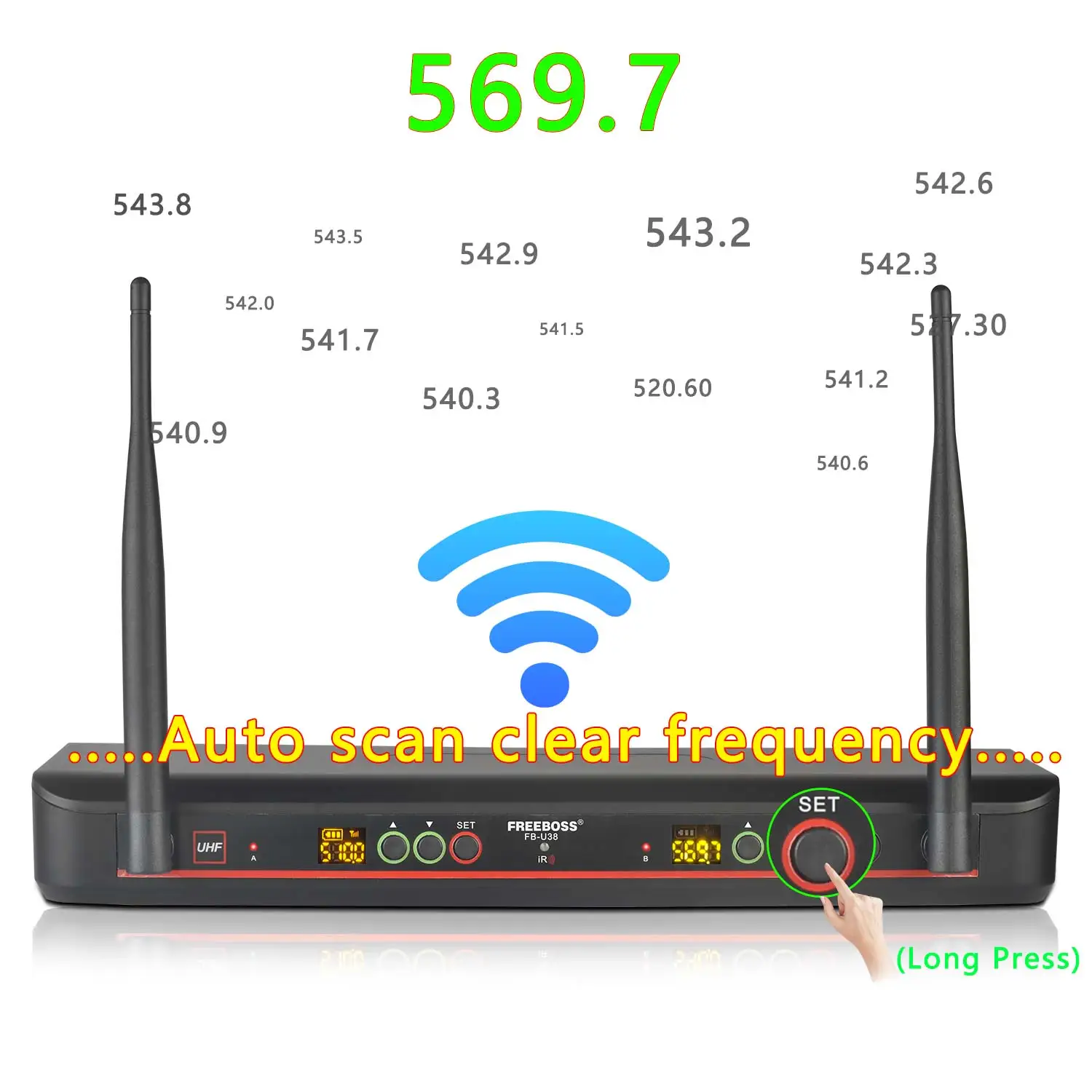 FREEBOSS UHF Wireless Dynamic Handheld Microphone 2*100 Channel Adjustable Frequency Auto Scan Cordless Mic for Karaoke FB-U38