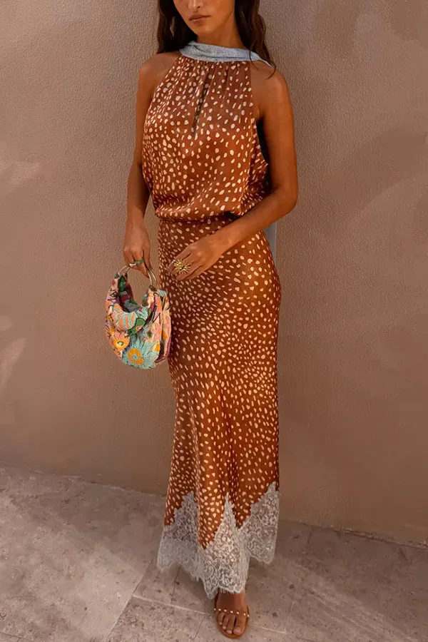 2026 New Elegant Printed Reversible Ribbon Top Lace Insert Skirt Set Women's Sleeveless Dot Two-Piece Outfit Lady Casual Wear