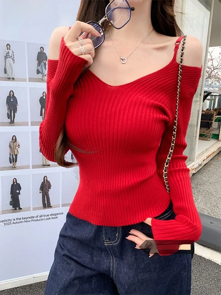 

Sexy Chic Knitted Long Sve Women's Inner Wear Slim Fit Top Beautiful Base irt Casual Sle V-Ne Knitted Winter Faion