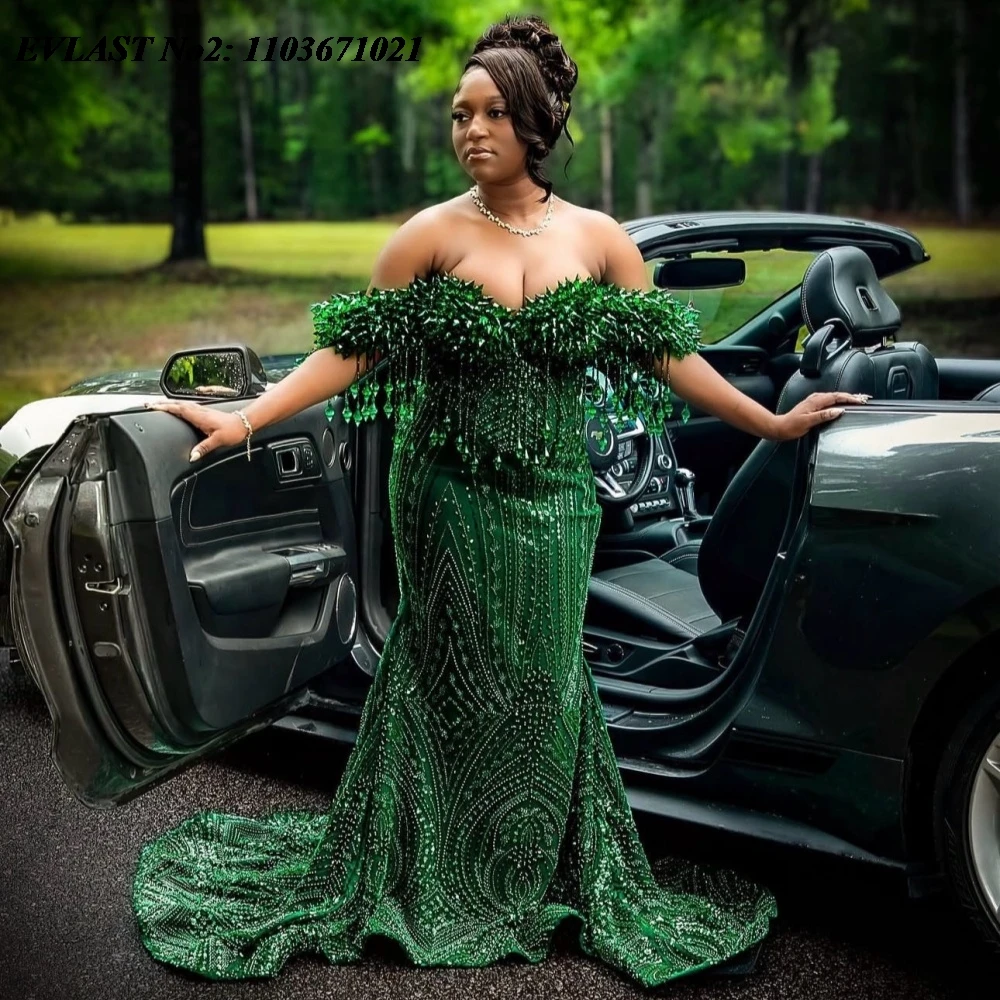 

EVLAST Customized Green Mermaid Prom Dress Black Girls Sequins Beaded Crystal Evening Gown Birthday Party Robe De Soiree SP170