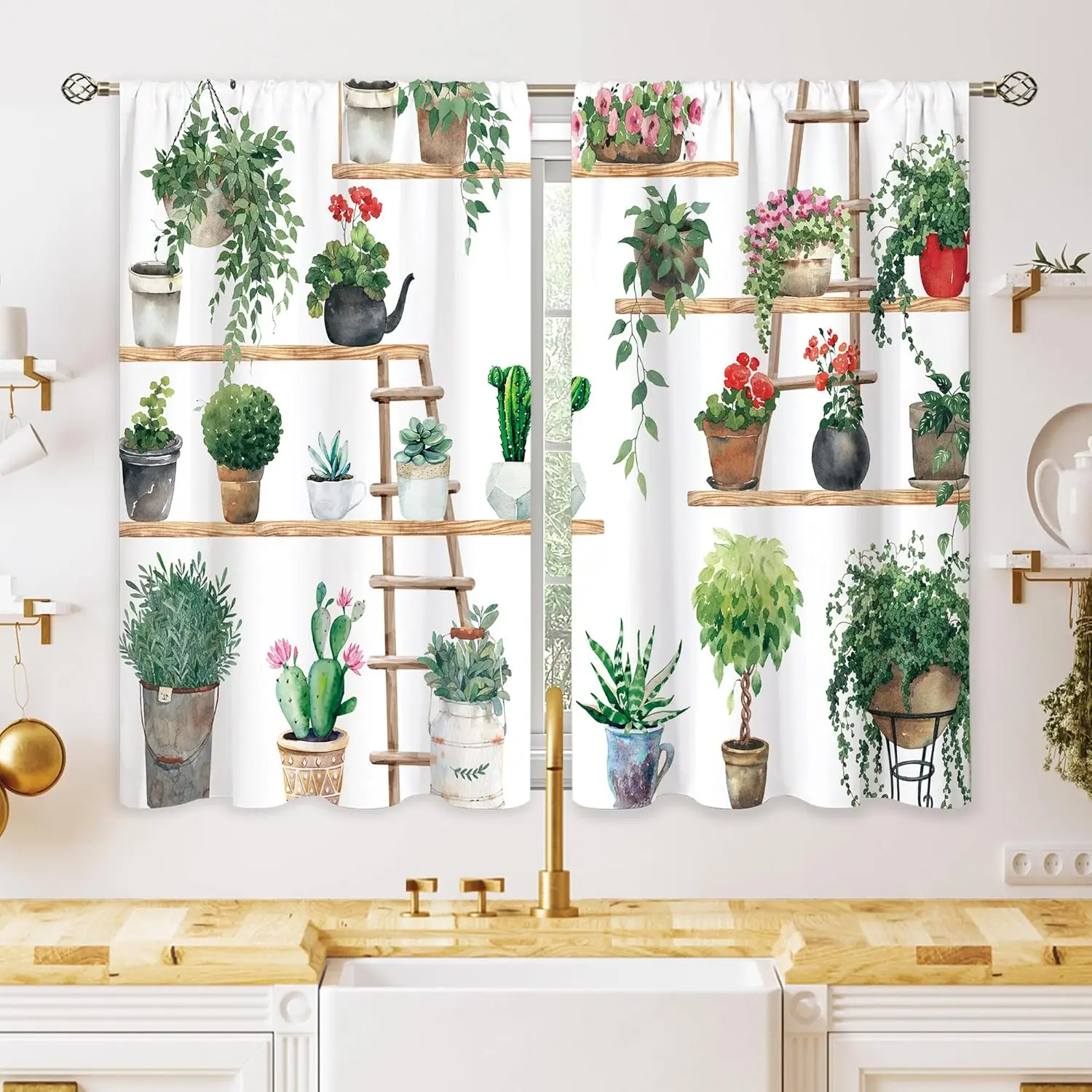 Boho Plant Floral Kitchen Curtains,Flower Plant Small Window Treatment,Green Leaf Cafe Short Window Curtains for Bathroom Dining