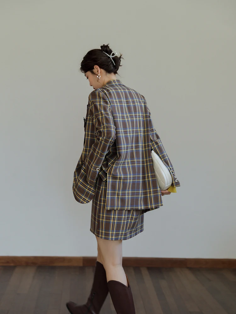 DUSHU Office Lady Loose Women's H-shaped Retro Plaid Suit Jacket Fall 2021 New Design Sense Side Slit Suit Women Skirt