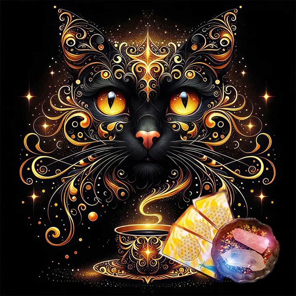 Gothic Black Cat & Golden Coffee Cup Divination Mat Occult Tarot Reading Cloth Mystical Celestial Pattern Witchcraft Altar Cover