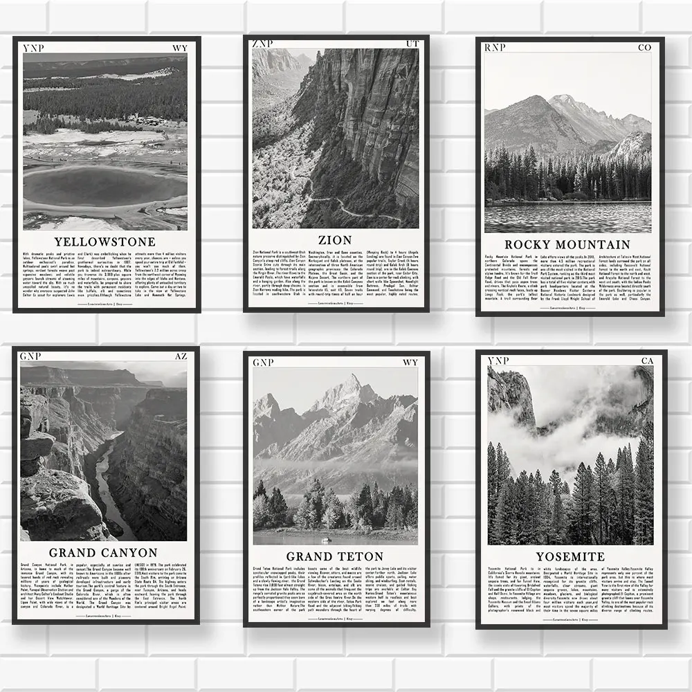 US National Parks Black And White Prints  Yosemite Grand Canyon Rocky Mountain National Parks Wall Canvas Picture For Room Decor