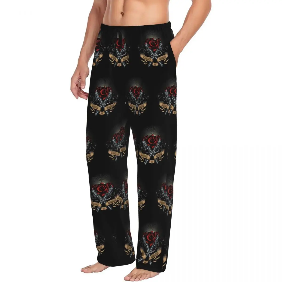 Custom Printed Men Guns N Roses Pajama Pants Heavy Metal Sleepwear Sleep Lounge Bottoms with Pockets