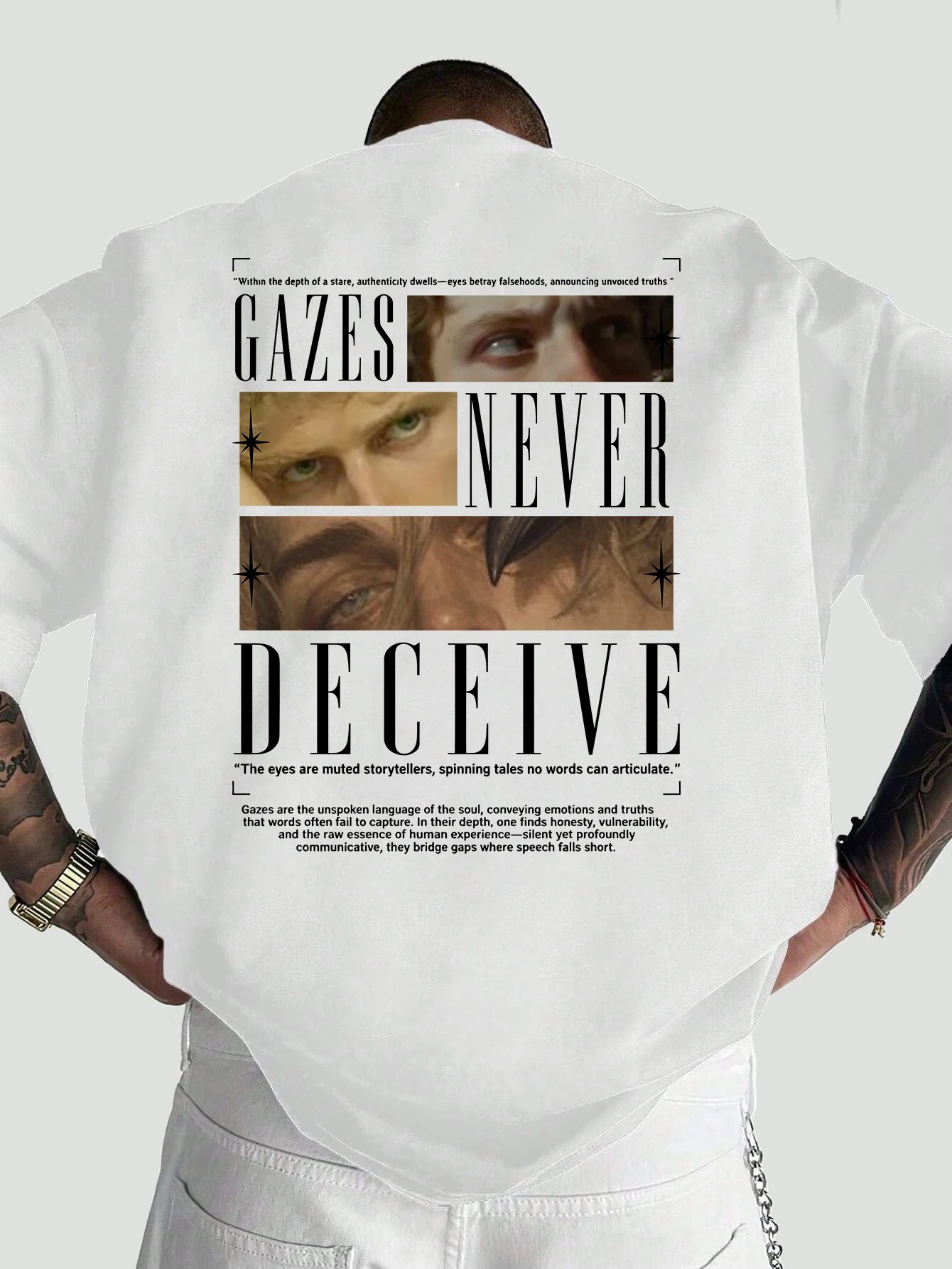 Men Pink Oversized T-Shirt Human Eye Collage Gazes Never Deceive Bold Text Star Back Print Grunge Streetwear Tee