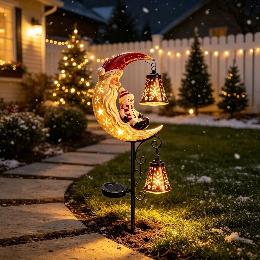 LED Glowing Christmas Moon Solar Stake Light with Bell Hollow Lantern Xmas Garden Stake Lamp Iron Metal Waterproof