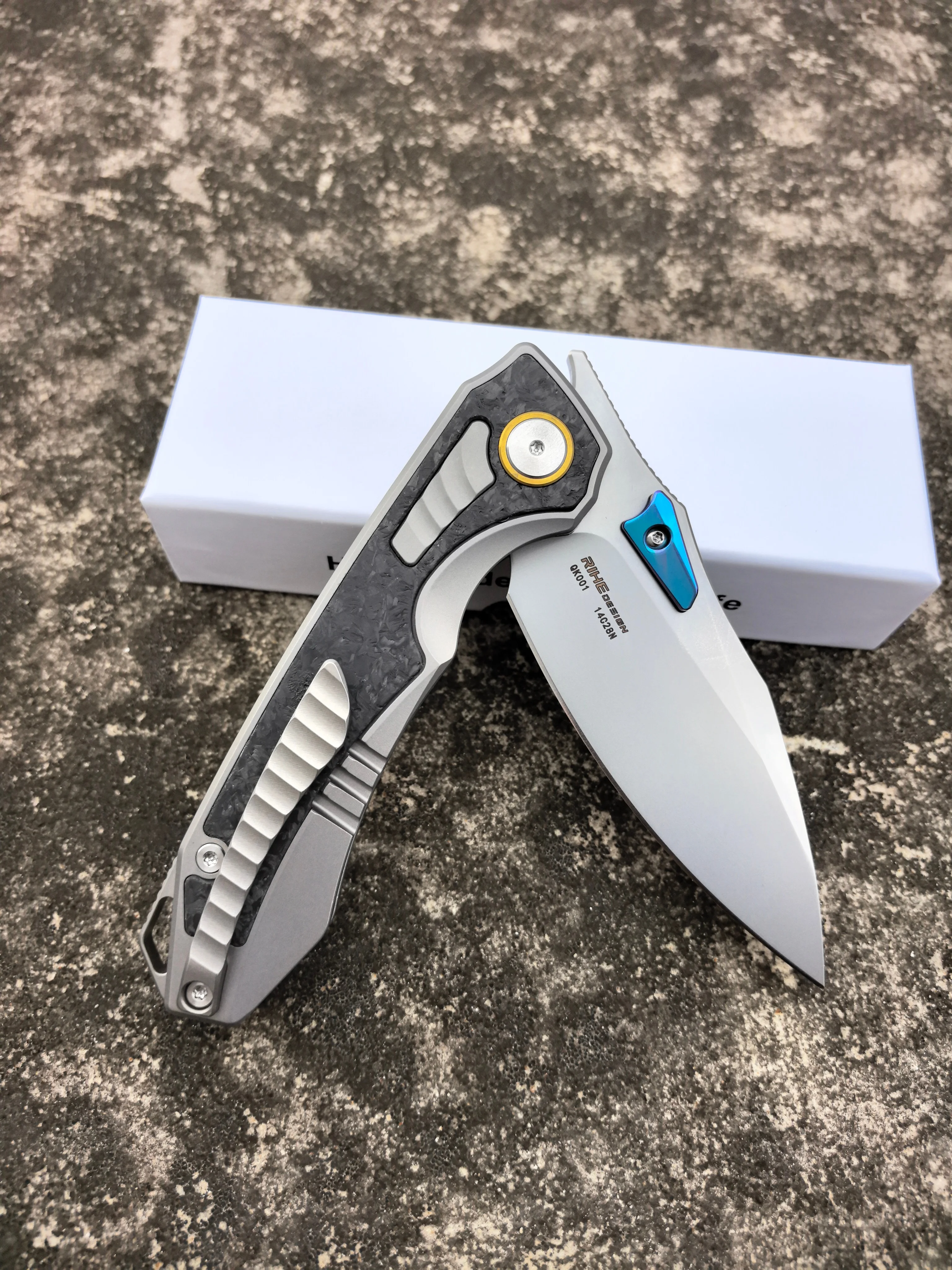 RIHE Original Design  Folding Knife 14C28N Blade TC4 Titanium+CF Handle Outdoor Camping Hiking Utility Kitchen EDC Tools