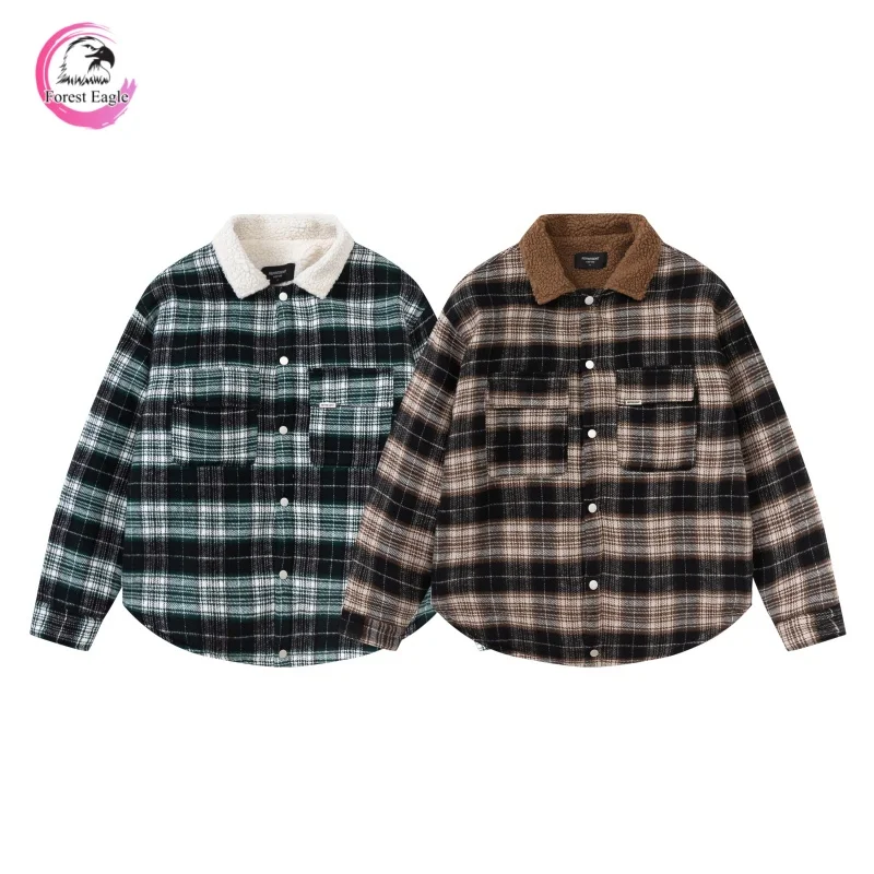 

24SS Heavyweight High Street Winter High-end Clothing Plaid Stripe Vintage Collar Lamb Suede Mens Womens Jacket Shirt