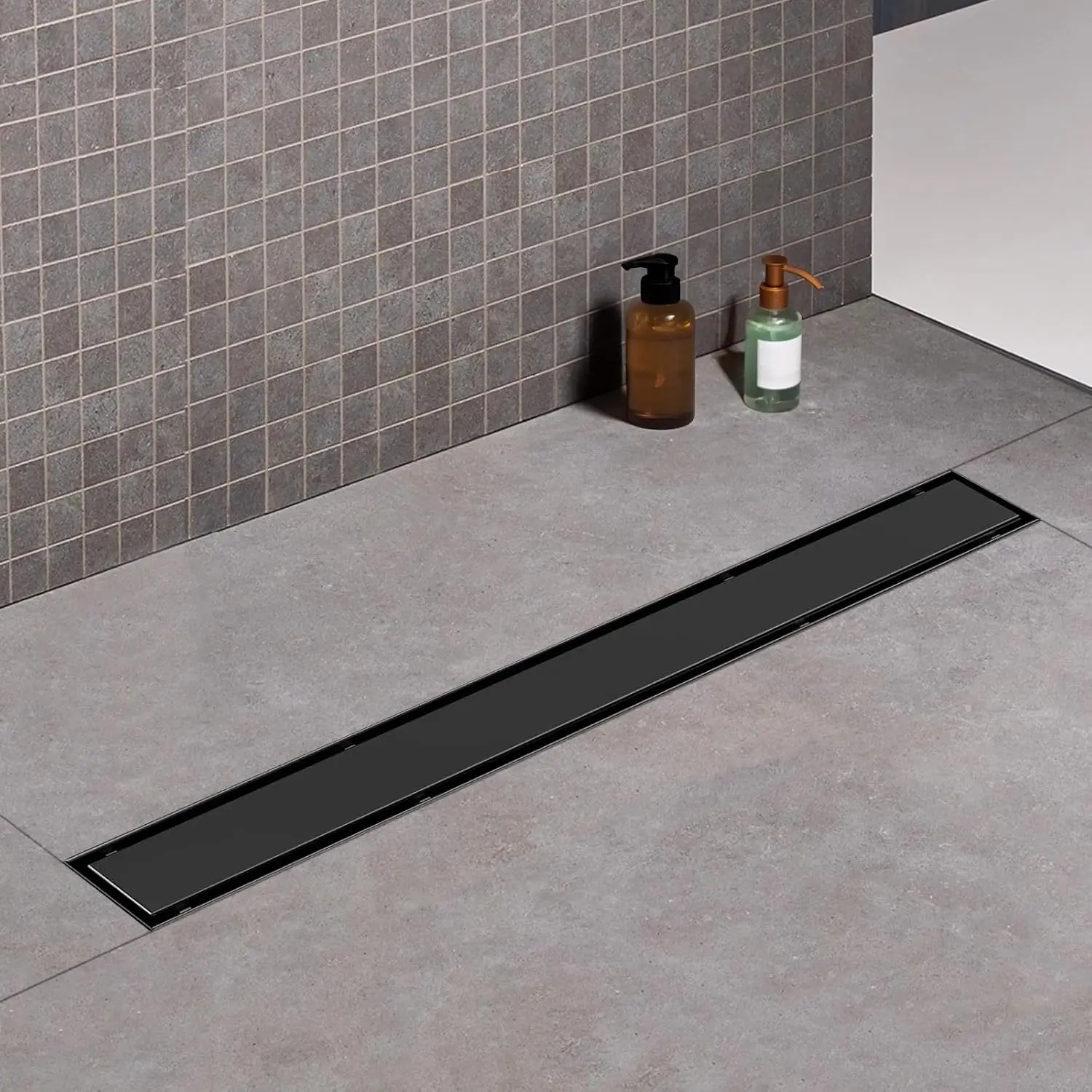 24-Inch Black Linear Shower Drain 304 Stainless Steel Side Outlet Brushed Finish Tile Insert Cover Adjustable Feet Hair Catcher