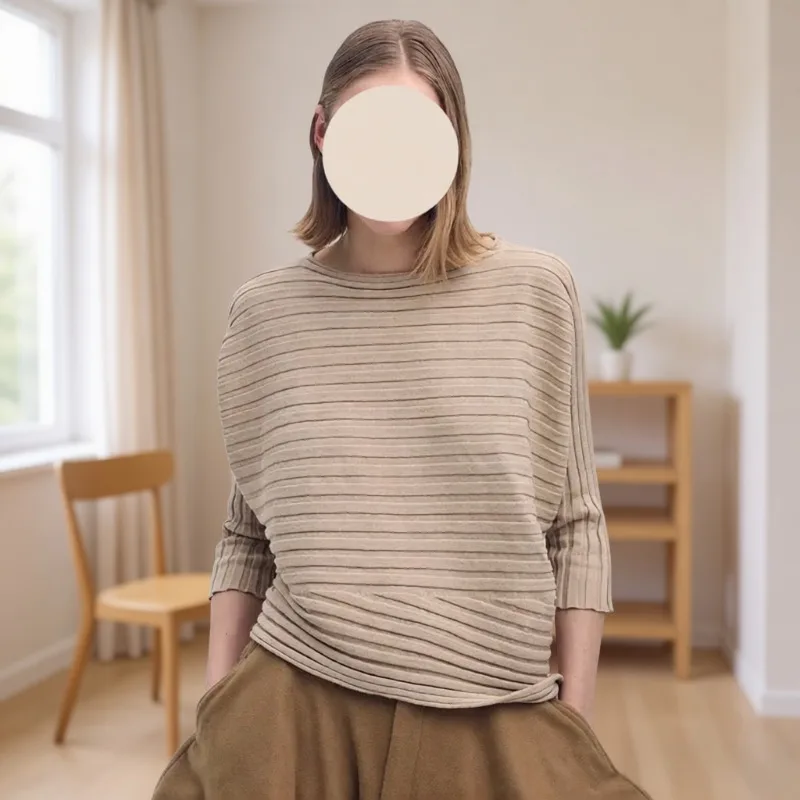 

Miyake плиссированный свободный повседневный свитер женский 2026, весенняя новая талия, тонкий удобный топ, футболка, низ, полиэстер, креп