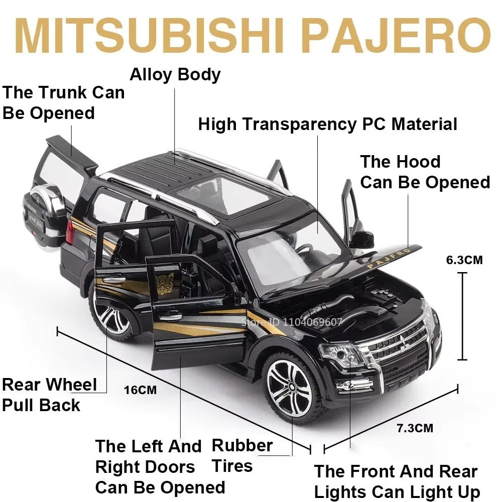 Scale 1:32 MITSUBISHI PAJERO Toy SUV Car Model Alloy Diecast Rubber Tire Doors Opened Simulation Off-road Vehicle Gift for Child