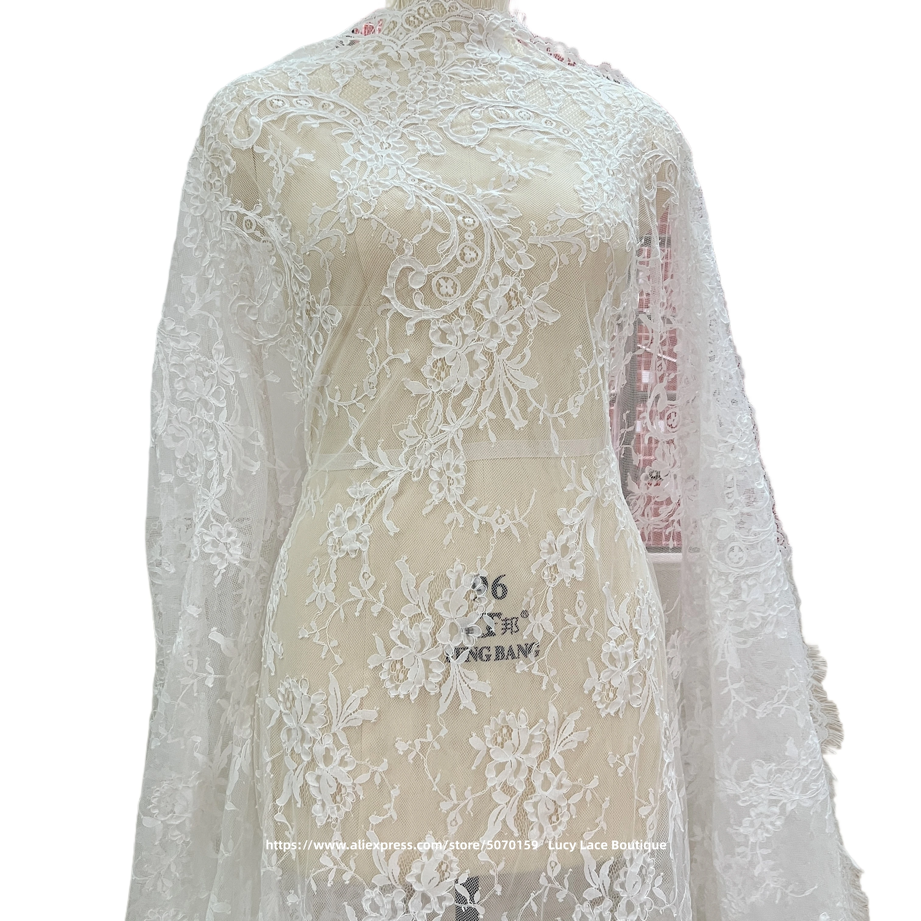 1.5M Wide Florals Lace with Cord, Off White Embroidery Cording Lace, Lashes French Chantilly Lace, Wedding Dress Material 3M
