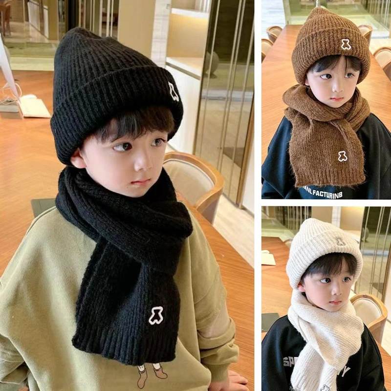 Autumn And Winter Children's Hats And Scarves Two-piece Set To Prevent Cold And Warm Students Knitted Hats Cute Baby Woolen Hats