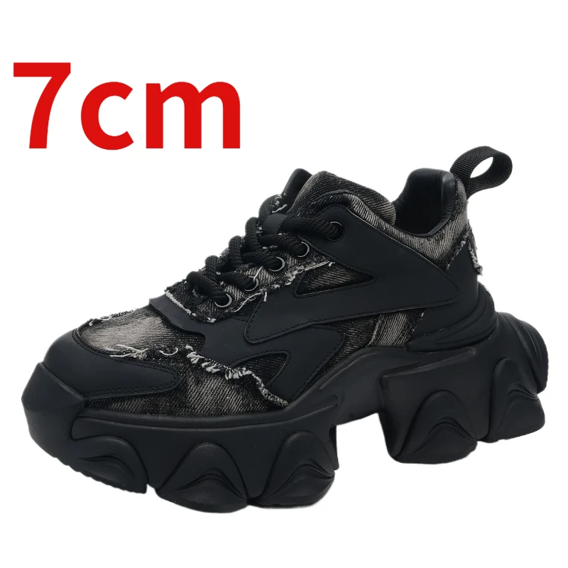 Comfortable Breathable Casual Sneaker Thick Platform 7cm Height-increasing Shoes for Women's Genuine Leather Casual Sports Shoes